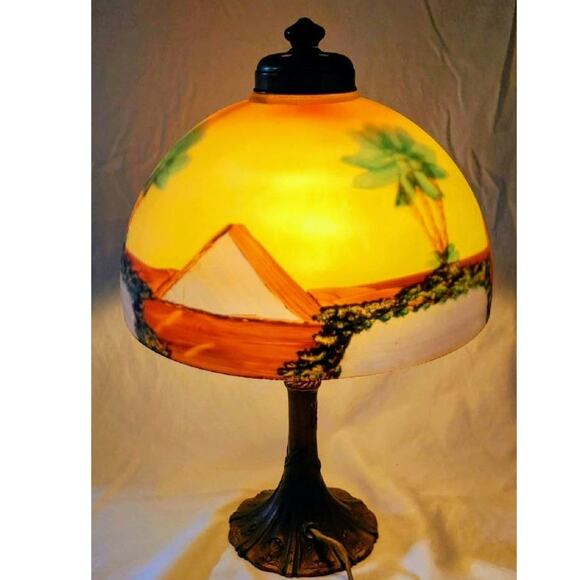 Rare Vintage Reverse Painted Egyptian Style Landscape on Glass Table Lamp. - Picture 1 of 11